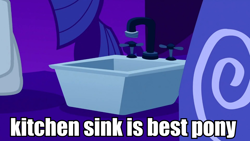 Size: 960x540 | Tagged: safe, edit, edited screencap, imported from derpibooru, screencap, rarity, suited for success, ambiguous gender, best pony, image macro, kitchen sink, meme, solo