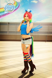 Size: 1366x2048 | Tagged: safe, artist:yeonlang, imported from derpibooru, rainbow dash, human, belly button, boots, cleavage, clothes, cosplay, female, high heel boots, high heels, irl, irl human, midriff, photo, shoes, solo, tanktop
