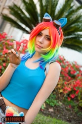 Size: 1080x1623 | Tagged: safe, artist:yeonlang, imported from derpibooru, rainbow dash, human, black underwear, bra strap, clothes, cosplay, irl, irl human, midriff, photo, solo, tanktop, underwear