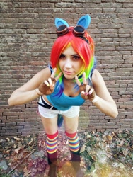 Size: 774x1032 | Tagged: safe, artist:yeonlang, imported from derpibooru, rainbow dash, human, black underwear, bra strap, cleavage, clothes, cosplay, female, irl, irl human, midriff, photo, solo, tanktop, underwear