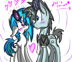 Size: 600x512 | Tagged: safe, artist:zaphyray, imported from derpibooru, dj pon-3, neon lights, rising star, vinyl scratch, pony, unicorn, clothes, eye contact, female, floating heart, floppy ears, heart, looking at each other, male, necktie, shipping, shirt, straight, vinylights