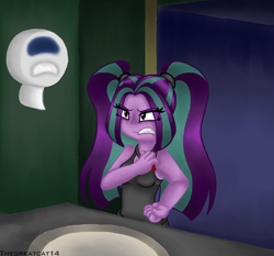 Size: 1024x954 | Tagged: safe, artist:queentigrel, imported from derpibooru, aria blaze, equestria girls, angry, bathroom, clothes, fanfic art, tanktop
