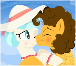 Size: 1104x960 | Tagged: dead source, source needed, safe, artist:jaquelindreamz, imported from derpibooru, cheese sandwich, coco pommel, earth pony, pony, boop, cheesecoco, crack shipping, female, hat, jewelry, male, mare, noseboop, scrunchy face, shipping, stallion, straight