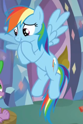 Size: 563x839 | Tagged: safe, imported from derpibooru, screencap, rainbow dash, spike, pegasus, pony, tanks for the memories, dragonmale, duo, female, flying, mare, scrunchy face, solo focus