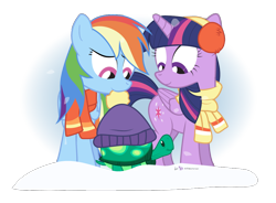 Size: 1020x750 | Tagged: safe, artist:dm29, imported from derpibooru, rainbow dash, tank, twilight sparkle, alicorn, pony, tanks for the memories, clothes, duo, earmuffs, female, mare, scarf, simple background, snow, transparent background, twilight sparkle (alicorn), wintertime