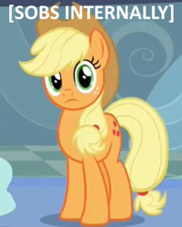 Size: 450x562 | Tagged: safe, edit, edited screencap, imported from derpibooru, screencap, applejack, tanks for the memories, applejack cries on the inside, caption, crying inside, descriptive noise, meme, unhapplejack, x internally