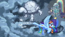 Size: 2000x1153 | Tagged: safe, artist:esuka, imported from derpibooru, rainbow dash, tank, tanks for the memories, clothes, cloud, cloud sculpting, cloudy, flying, hat, rainbow dash's house, scarf, snow, snowfall, winter