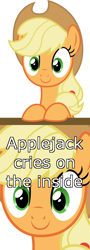 Size: 1600x4452 | Tagged: safe, imported from derpibooru, applejack, earth pony, pony, tanks for the memories, applejack cries on the inside, crying inside, female, sad, solo, thousand yard stare, unhapplejack