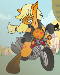 Size: 2000x2500 | Tagged: safe, artist:boneswolbach, artist:chrisdb0, artist:pananovich, imported from derpibooru, applejack, badass, boots, clothes, female, jacket, missing accessory, motorcycle, shoes, solo