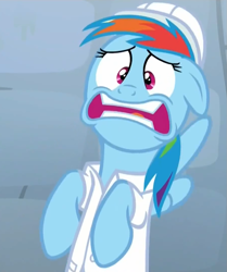 Size: 901x1079 | Tagged: safe, imported from derpibooru, screencap, rainbow dash, pony, tanks for the memories, clothes, faic, female, hard hat, hat, lab coat, solo