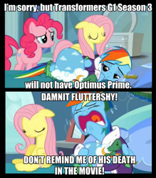 Size: 895x1024 | Tagged: safe, edit, edited screencap, imported from derpibooru, screencap, fluttershy, pinkie pie, rainbow dash, tanks for the memories, bad news fluttershy, caption, clothes, comic, dashie slippers, death, optimus prime, tank slippers, transformers