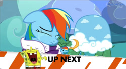 Size: 1077x592 | Tagged: safe, edit, imported from derpibooru, screencap, rainbow dash, tank, tanks for the memories, clothes, crying, dashie slippers, exploitable meme, hug, inappropriate timing spongebob banner, laughing, meme, nickelodeon, obligatory pony, spongebob squarepants, spongebob squarepants (character)