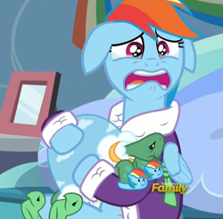 Size: 1093x1077 | Tagged: safe, imported from derpibooru, screencap, rainbow dash, tank, pegasus, pony, reptile, tortoise, tanks for the memories, bathrobe, clothes, crying, cute, dashabetes, dashie slippers, depression dash, exploitable, female, floppy ears, frown, hug, mare, open mouth, sad, sadorable, sitting, slippers, tank slippers