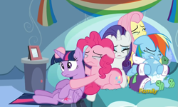 Size: 1681x1009 | Tagged: safe, imported from derpibooru, screencap, fluttershy, pinkie pie, rainbow dash, rarity, tank, twilight sparkle, alicorn, pony, tanks for the memories, bathrobe, clothes, cry pile, crying, dashie slippers, female, mare, reaction image, sad, tank slippers, twilight sparkle (alicorn)