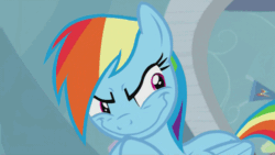 Size: 500x281 | Tagged: safe, imported from derpibooru, screencap, rainbow dash, pegasus, pony, season 5, tanks for the memories, animated, evil, evil grin, faic, female, folded wings, gif, hooves together, pure unfiltered evil, rainbow dash is best facemaker, rainbow grinch, smiling, solo, the grinch, then she got an idea, wings