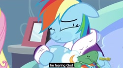 Size: 2560x1430 | Tagged: safe, imported from derpibooru, screencap, fluttershy, rainbow dash, tank, tanks for the memories, bed, bedside stand, crying, god, meme, picture frame, youtube caption