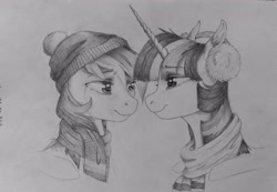 Size: 2689x1859 | Tagged: safe, artist:themoonraven, imported from derpibooru, rainbow dash, twilight sparkle, clothes, crying, earmuffs, female, hat, lesbian, monochrome, scarf, shipping, traditional art, twidash, winter