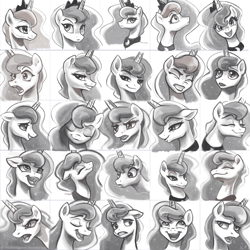 Size: 1500x1500 | Tagged: safe, artist:kp-shadowsquirrel, imported from derpibooru, princess luna, pony, angry, expressions, eyes closed, facial expressions, female, happy, looking at you, mare, monochrome, open mouth, sketch dump, smiling, solo