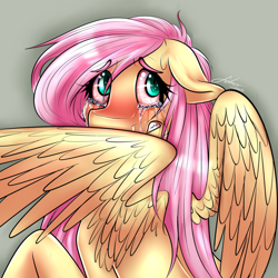 Size: 1280x1280 | Tagged: safe, artist:fatcakes, imported from derpibooru, fluttershy, pegasus, pony, bloodshot eyes, crying, female, solo, spread wings, wings