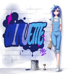 Size: 820x868 | Tagged: dead source, safe, artist:apzzang, imported from derpibooru, minuette, human, female, horned humanization, humanized, overalls, paintbrush, solo