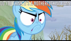 Size: 1024x600 | Tagged: safe, edit, edited screencap, imported from derpibooru, screencap, rainbow dash, tanks for the memories, caption, do i look angry, image macro, meme, vulgar, you think this is a motherfucking game