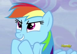 Size: 1404x993 | Tagged: safe, imported from derpibooru, screencap, rainbow dash, tanks for the memories, cute, discovery family logo, evil grin, female, glare, grin, happy, lip bite, pure unfiltered evil, smiling, smirk, solo