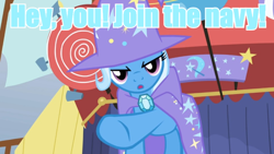 Size: 576x324 | Tagged: safe, imported from derpibooru, trixie, pony, unicorn, blue text, female, image macro, join the navy, mare, meme, solo, the simpsons, trixie yells at everything