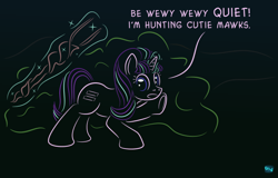 Size: 720x460 | Tagged: safe, artist:quint-t-w, imported from derpibooru, starlight glimmer, the cutie map, crossover, dialogue, elmer fudd, female, gradient background, looney tunes, s5 starlight, solo, staff, staff of sameness