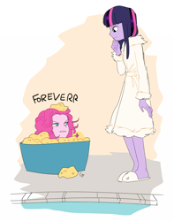 Size: 650x825 | Tagged: safe, artist:magneticskye, imported from derpibooru, pinkie pie, twilight sparkle, equestria girls, green isn't your color, bathrobe, clothes, equestria girls interpretation, forever, scene interpretation, slippers