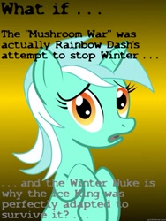 Size: 625x833 | Tagged: safe, imported from derpibooru, lyra heartstrings, rainbow dash, tanks for the memories, adventure time, conspiracy lyra, exploitable meme, ice king, image macro, meme, mushroom cloud, mushroom war, winter, winter nuke