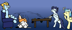 Size: 2560x1080 | Tagged: safe, artist:phonicb∞m, imported from derpibooru, fire streak, lightning streak, misty fly, soarin', fanfic:piercing the heavens, billiards, calm wind, color, cue ball, fanfic, laughing, old cutie mark, oops, pain