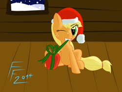 Size: 1400x1050 | Tagged: safe, artist:frecklesfanatic, imported from derpibooru, applejack, apple, christmas, filly applejack, freckles, hat, present, santa hat, winter