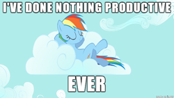 Size: 610x343 | Tagged: safe, imported from derpibooru, screencap, rainbow dash, cloud, cloudy, female, i have done nothing productive all day, image macro, lazy, meme, solo