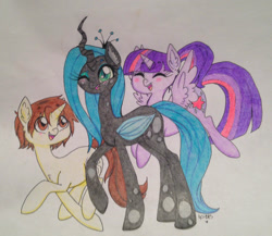 Size: 1142x989 | Tagged: safe, artist:ameliacostanza, imported from derpibooru, queen chrysalis, twilight sparkle, alicorn, pony, unicorn, crossover, crossover shipping, friendship, peter parker, ponytail, shipping, spider-man, spiders and magic iii: days of friendship past, spiders and magic: rise of spider-mane, spidertwi, twilight sparkle (alicorn)