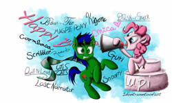 Size: 5000x3000 | Tagged: safe, artist:idontrunntoofast, imported from derpibooru, pinkie pie, oc, pony, cake, happy birthday, pop out cake, popping out of a cake