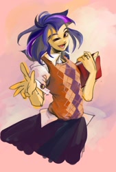 Size: 1024x1518 | Tagged: safe, artist:han_hyui, imported from derpibooru, twilight sparkle, human, argyle, book, clothes, female, humanized, school uniform, schoolgirl, shirt, skirt, solo, sweater vest, vest, wink