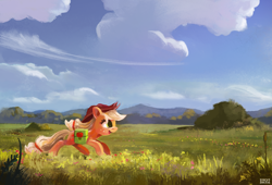Size: 1920x1305 | Tagged: safe, artist:ajvl, imported from derpibooru, applejack, earth pony, pony, bag, digital painting, female, field, mare, outdoors, running, saddle bag, scenery, smiling, solo
