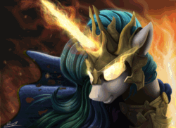 Size: 900x655 | Tagged: safe, artist:equum_amici, artist:yakovlev-vad, imported from derpibooru, princess celestia, pony, angry, animated, armor, badass, cinemagraph, epic, female, glare, glowing eyes, glowing horn, gritted teeth, magic, solo, warrior celestia