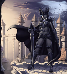 Size: 4000x4434 | Tagged: safe, artist:sceathlet, imported from derpibooru, nightmare moon, human, female, horned humanization, humanized, solo, sword, unconvincing armor