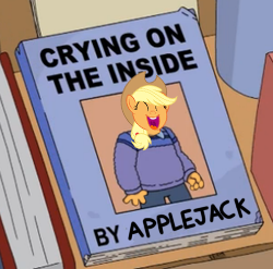 Size: 250x247 | Tagged: safe, edit, edited edit, imported from derpibooru, applejack, tanks for the memories, applejack cries on the inside, book, crying inside, the simpsons