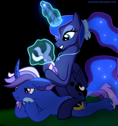 Size: 1500x1600 | Tagged: safe, artist:ponyecho, imported from derpibooru, princess luna, oc, oc:azure night, azuna, braid, canon x oc, grumpy, happy, magic, necklace, night, pouting, show accurate, sitting on pony