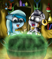 Size: 1400x1600 | Tagged: safe, artist:dreambreaker, imported from derpibooru, zecora, oc, pony, zebra, candle, cauldron, duo, female, open mouth, potion