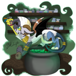 Size: 1024x1024 | Tagged: safe, artist:midnightsketches, imported from derpibooru, oc, oc only, oc:jinx, draconequus, cauldron, offspring, parent:discord, parent:zecora, parents:zecord, solo