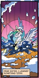 Size: 600x1186 | Tagged: safe, idw, imported from derpibooru, princess celestia, princess luna, alicorn, pony, friends forever, spoiler:comic, spoiler:comicff7, context is for the weak, cream pie, custard pie, foam, messy, not what it looks like, out of context, pratfall, royal sisters, slapstick, spotlight, stage, whipped cream