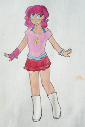 Size: 560x835 | Tagged: safe, artist:punksweet, imported from derpibooru, pinkie pie, human, boots, clothes, drawing, female, humanized, skirt, solo, traditional art