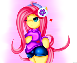 Size: 3426x2816 | Tagged: safe, artist:jcace, imported from derpibooru, fluttershy, anthro, breasts, busty fluttershy, clothes, earmuffs, eyestrain warning, female, needs more saturation, solo, sweatershy, wink