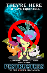 Size: 800x1246 | Tagged: safe, artist:mzx-90, imported from derpibooru, apple bloom, scootaloo, sweetie belle, twittermite, bloom and gloom, cutie mark crusaders, ghostbusters, lightning, movie, movie poster, parody, pest control gear, poster, twitbuster apple bloom