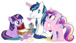 Size: 800x460 | Tagged: safe, artist:dm29, imported from derpibooru, princess cadance, shining armor, smarty pants, twilight sparkle, bow, filly, hair bow, simple background, tea, tea party, tea set, transparent background, trio, younger