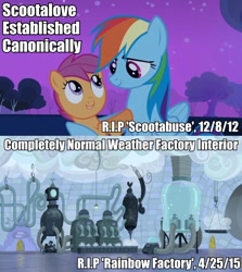 Size: 600x673 | Tagged: safe, edit, edited screencap, imported from derpibooru, screencap, rainbow dash, scootaloo, fanfic:rainbow factory, sleepless in ponyville, tanks for the memories, caption, debunked, drama bait, image macro, meme, scootabuse, scootalove