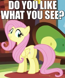 Size: 525x625 | Tagged: safe, edit, edited screencap, imported from derpibooru, screencap, fluttershy, pony, tanks for the memories, bronybait, butt, caption, cute, female, flirting, flirty, image macro, looking at you, looking back, mare, meme, plot, shyabetes, smiling, solo